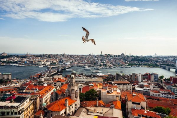 A shot of a scenic city view taken from the top of the tower in Istanbul city